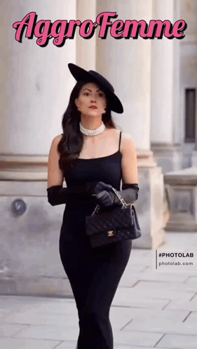 Woman In Black Dress And Hat With Chanel Purse GIF