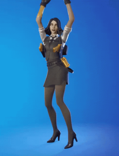 A Woman In A Black Dress And High Heels Is Standing On A Blue Background GIF