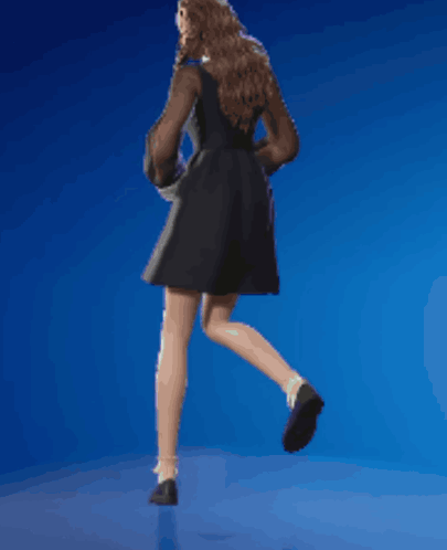 A Woman In A Black Dress And White Gloves Is Dancing On A Blue Background GIF