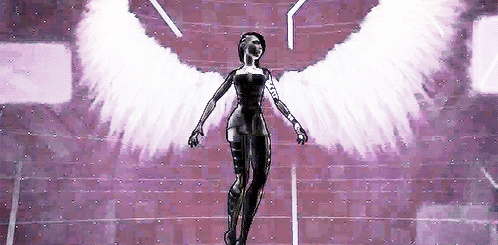 a woman in a black dress and white wings is standing on a purple staircase .