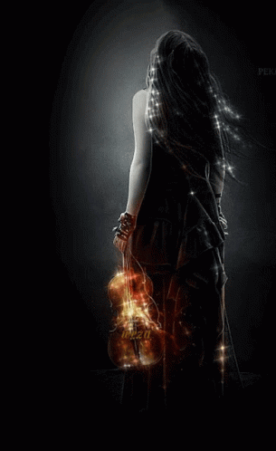 A Woman In A Black Dress Holding A Violin GIF
