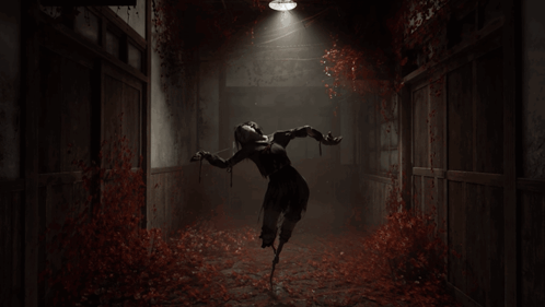A Woman In A Black Dress Is Flying Through A Dark Hallway With Red Leaves On The Floor GIF