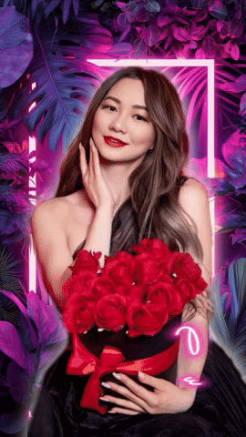 A Woman In A Black Dress Is Holding A Bouquet Of Red Roses In Front Of Purple Flowers GIF