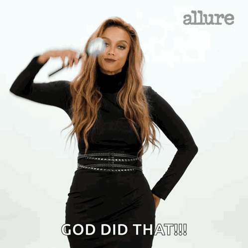 A Woman In A Black Dress Is Holding A Brush On Her Head And The Words God Did That Are Below Her GIF