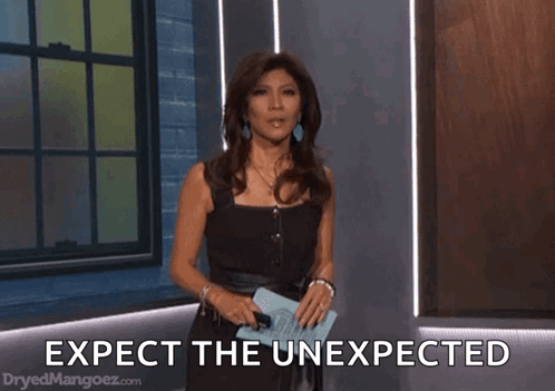 Woman In Black Dress Holding Clipboard Expect The Unexpected GIF