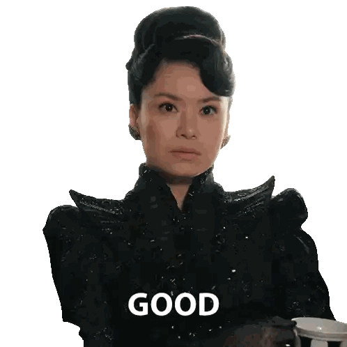 a woman in a black dress is holding a cup of coffee and the word good is above her