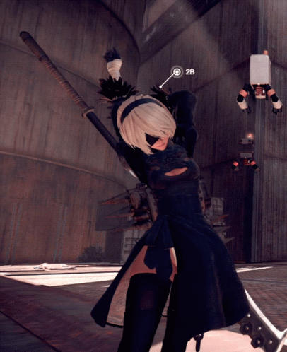 A Woman In A Black Dress Is Holding A Large Sword And The Number 28 Is On The Wall Behind Her GIF