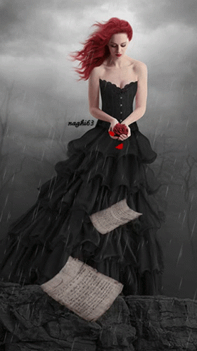 A Woman In A Black Dress Is Holding A Red Rose And A Sheet Of Music In The Rain GIF