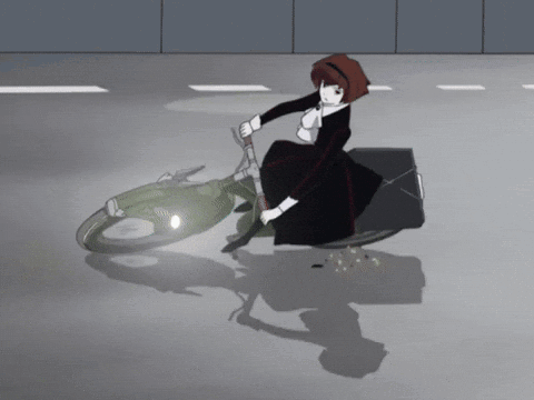 A Woman In A Black Dress Is Riding A Motorcycle GIF