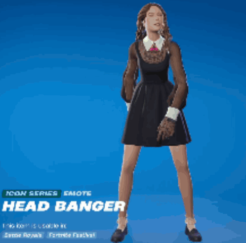 A Woman In A Black Dress Is Standing In Front Of A Blue Background That Says Head Banger On It GIF
