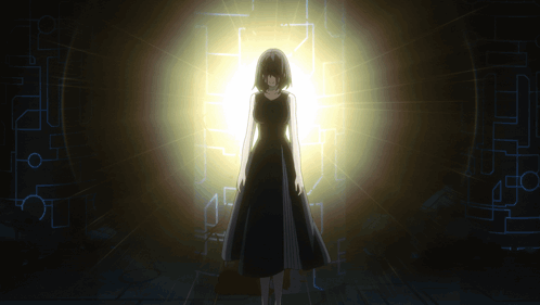 A Woman In A Black Dress Is Standing In Front Of A Light GIF