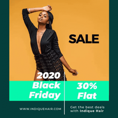 A Woman In A Black Dress Is Standing In Front Of A Yellow Background That Says Sale Sale Sale Black Friday GIF