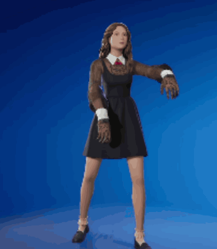 A Woman In A Black Dress Is Standing On A Blue Surface GIF
