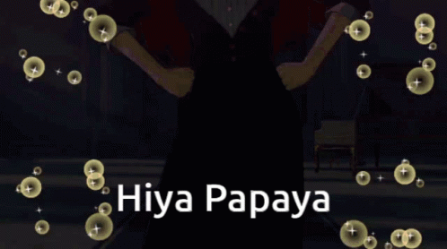 A Woman In A Black Dress Is Surrounded By Bubbles And Says Hiya Papaya GIF