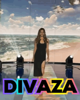 a woman in a black dress is walking down a runway with the word divaza in the corner