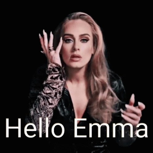 A Woman In A Black Dress Says Hello Emma In White Letters GIF