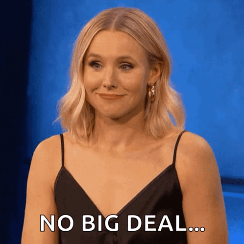A Woman In A Black Dress Says " No Big Deal " In Front Of A Blue Background GIF