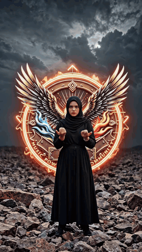 a woman in a black dress stands in front of a circle that says music power