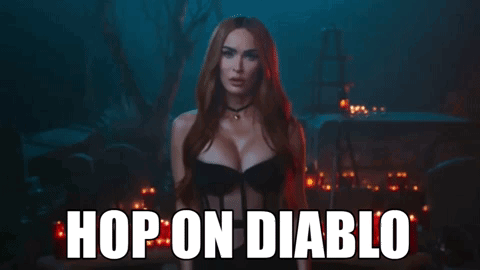 A Woman In A Black Dress With The Words Hop On Diablo Written On The Bottom GIF