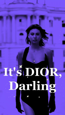 A Woman In A Black Dress With The Words It 'S Dior Darling On The Bottom GIF