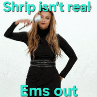 A Woman In A Black Dress With The Words Shrip Isn 'T Real Ems Out Behind Her GIF
