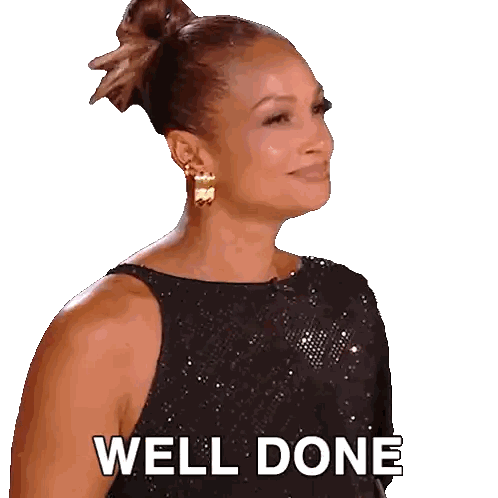 a woman in a black dress with the words well done behind her