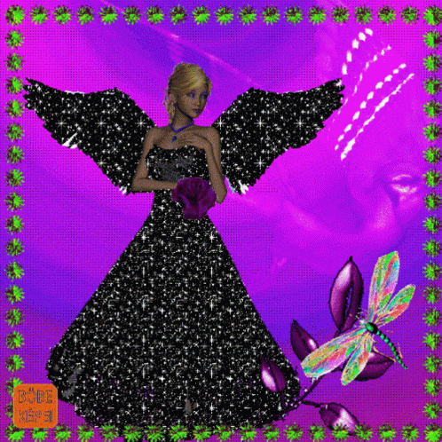 A Woman In A Black Dress With Wings Is Surrounded By Flowers And A Dragonfly GIF