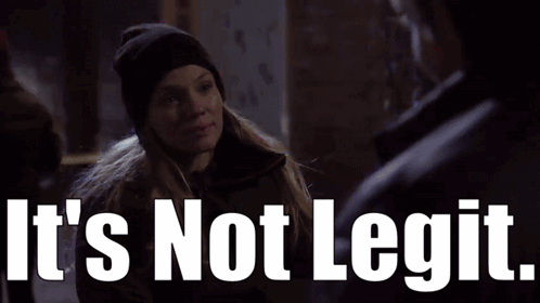 A Woman In A Black Hat Is Sitting In Front Of A Sign That Says " It 'S Not Legit " .. GIF