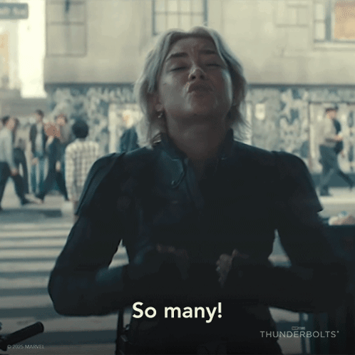 A Woman In A Black Jacket Says So Many In A Thunderbolts Advertisement GIF