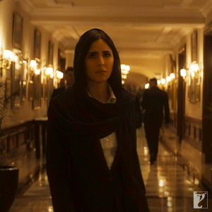 A Woman In A Black Scarf Is Walking Down A Hallway With A Man In A Suit Behind Her GIF