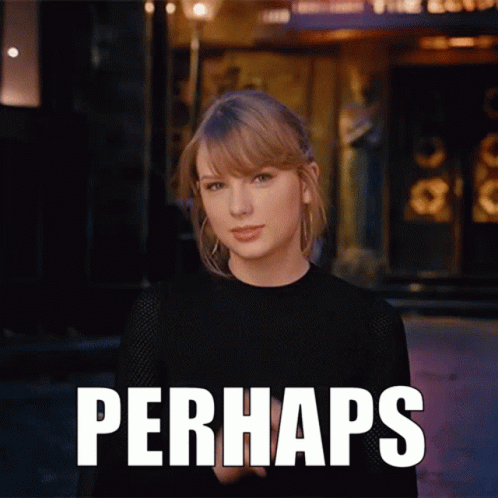 A Woman In A Black Shirt Stands In Front Of A Building With The Word Perhaps Above Her GIF
