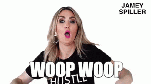 a woman in a black shirt with the word woop on it