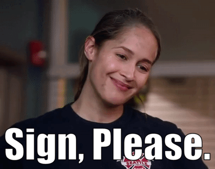 A Woman In A Black Shirt With The Words Sign Please On The Bottom GIF