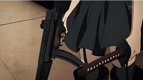 A Woman In A Black Skirt Is Holding A Sword And A Gun GIF