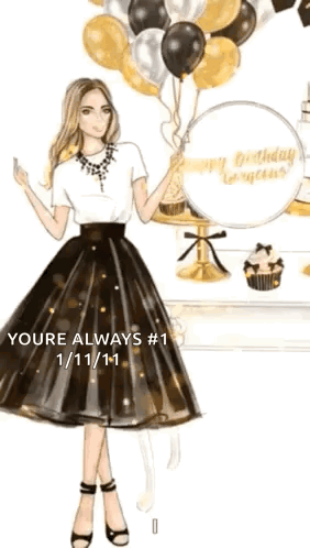 Woman In Black Skirt Holding Balloons And Happy Birthday Balloon GIF