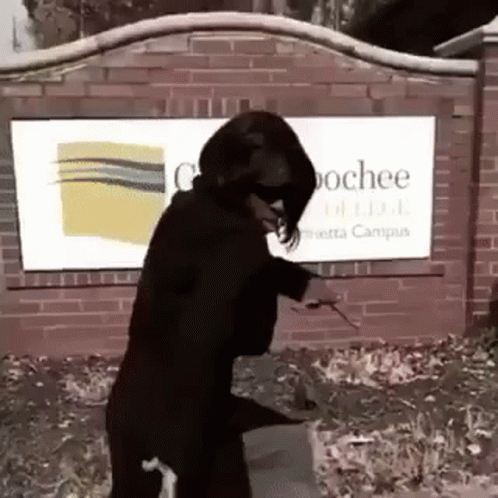 A Woman In A Black Suit Is Standing In Front Of A Brick Wall With A Sign . GIF