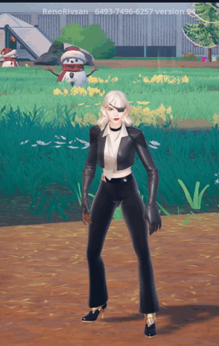 A Woman In A Black Suit Is Standing In Front Of A Snowman GIF
