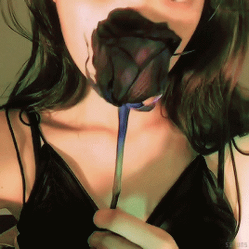 A Woman In A Black Top Is Holding A Black Rose In Her Mouth GIF