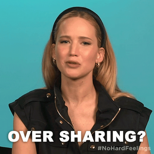 A Woman In A Black Vest Says Over Sharing On A Blue Background GIF