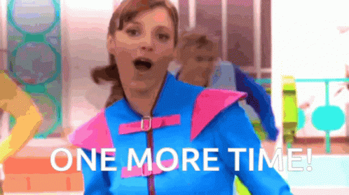 a woman in a blue and pink outfit is saying one more time .
