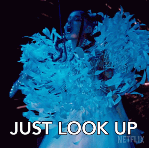A Woman In A Blue And White Feathered Dress Is Screaming And Says Just Look Up Netflix . GIF