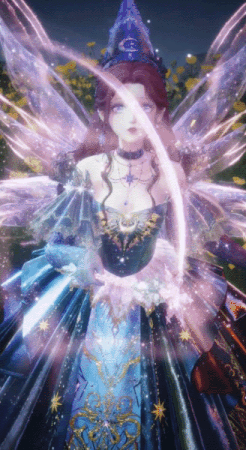 A Woman In A Blue Dress And A Blue Hat Is Holding A Wand GIF