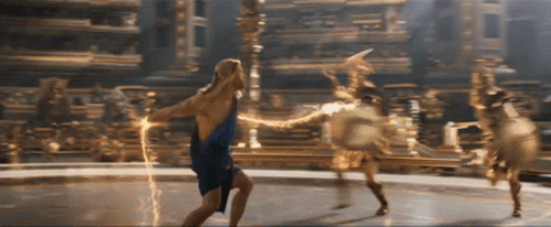 a woman in a blue dress holds a lightning bolt in her hand