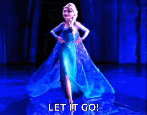 A Woman In A Blue Dress Is Dancing With The Words Let It Go Written Below Her GIF