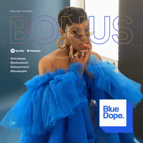 A Woman In A Blue Dress Is Featured On The Cover Of Major Theory GIF