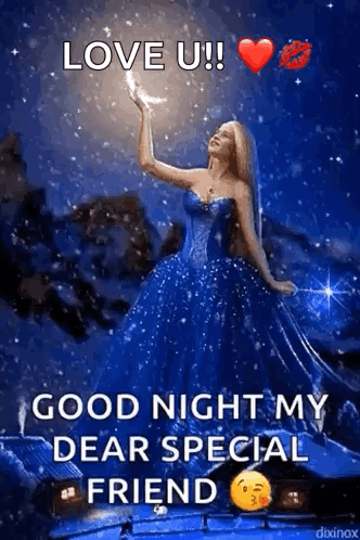 A Woman In A Blue Dress Is Holding A Crescent Moon And Wishing A Good Night To Her Dear Special Friend . GIF