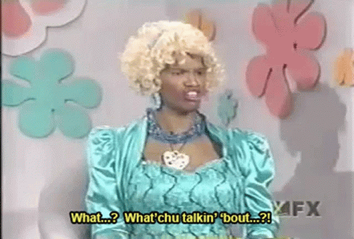 Woman In Blue Dress Says What Chu Talkin ' Bout GIF