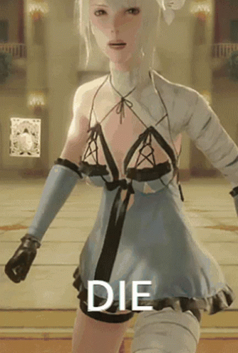 A Woman In A Blue Dress Is Standing In A Room With The Word Die On The Bottom GIF