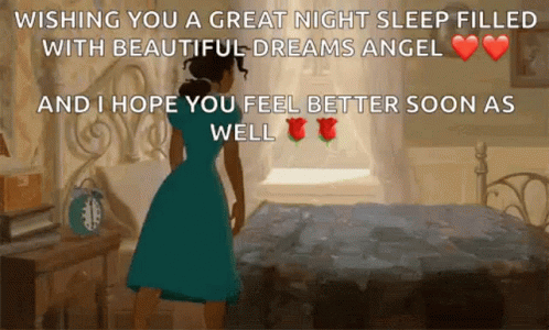 a woman in a blue dress is standing in front of a bed with the words wishing you a great night sleep filled