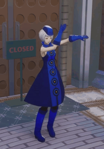 A Woman In A Blue Dress Is Standing In Front Of A Closed Sign GIF